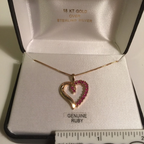 Ruby Heart Gold Plated Necklace 17” Box Chain - Picture 5 of 8